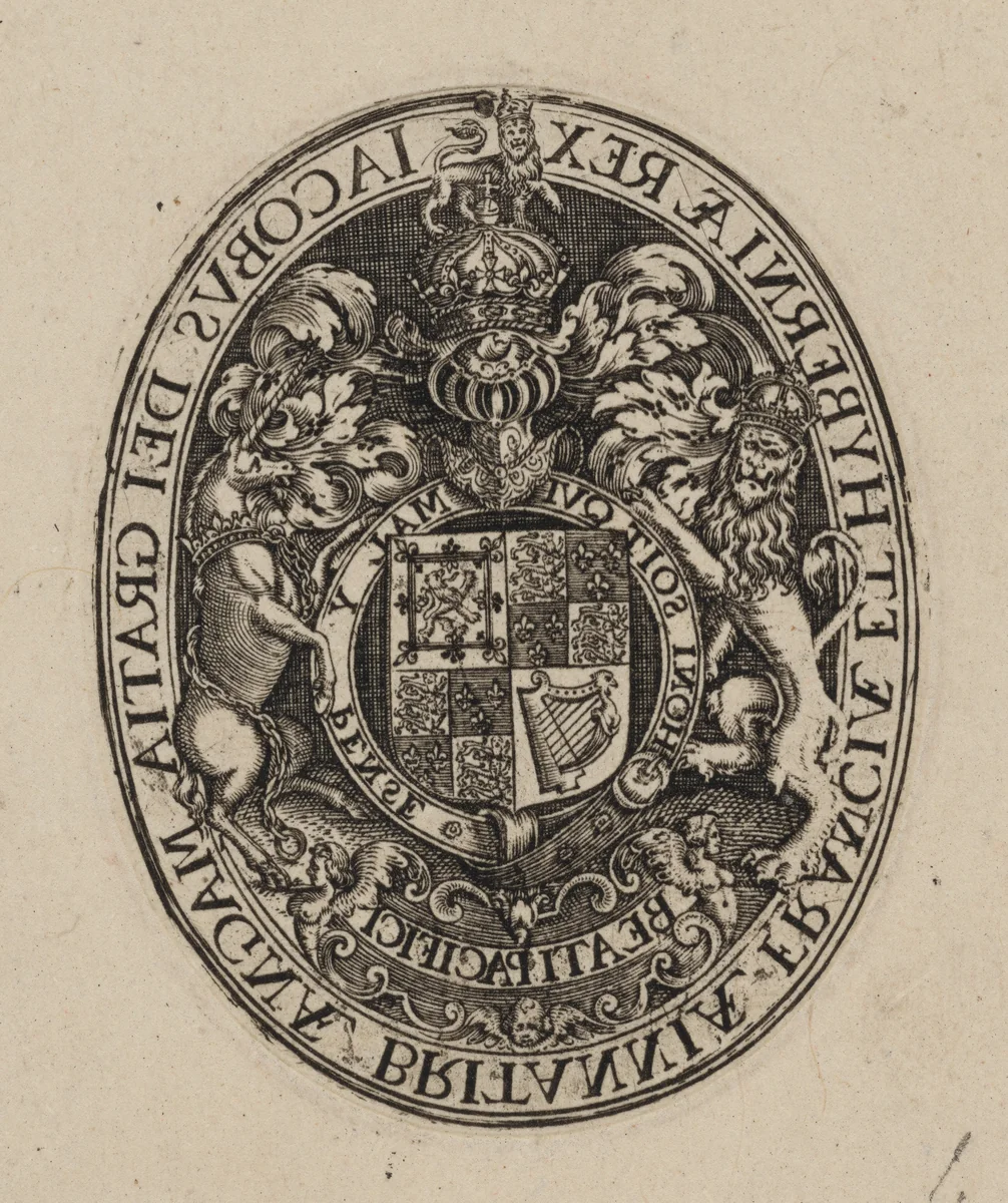 Shield of James I [bottom half] by Simon van de Passe, print, 1595-1647