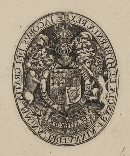 Shield of James I [bottom half] by Simon van de Passe, print, 1595-1647