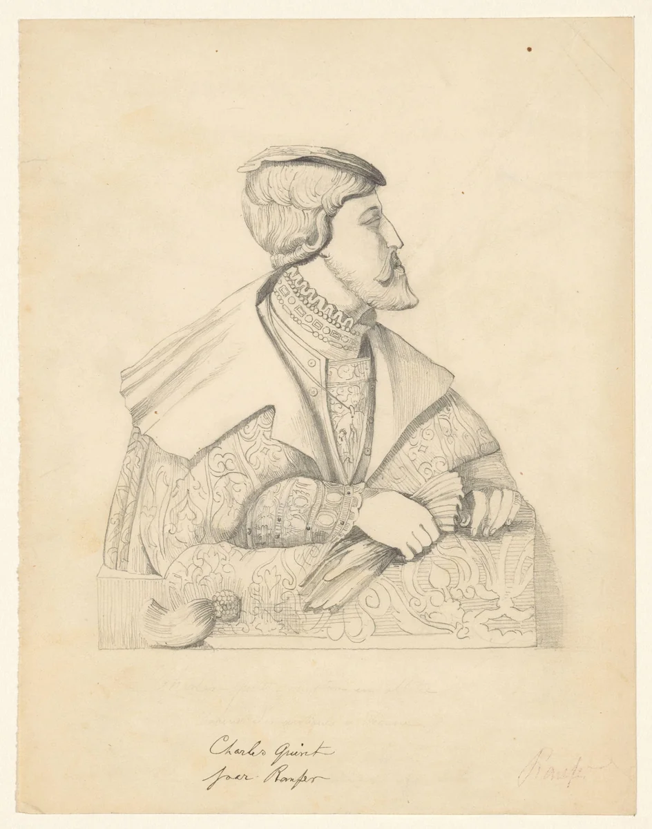 Portret van Karel V naar een sculptuur in albast by Rauser, drawing, 1800-1900