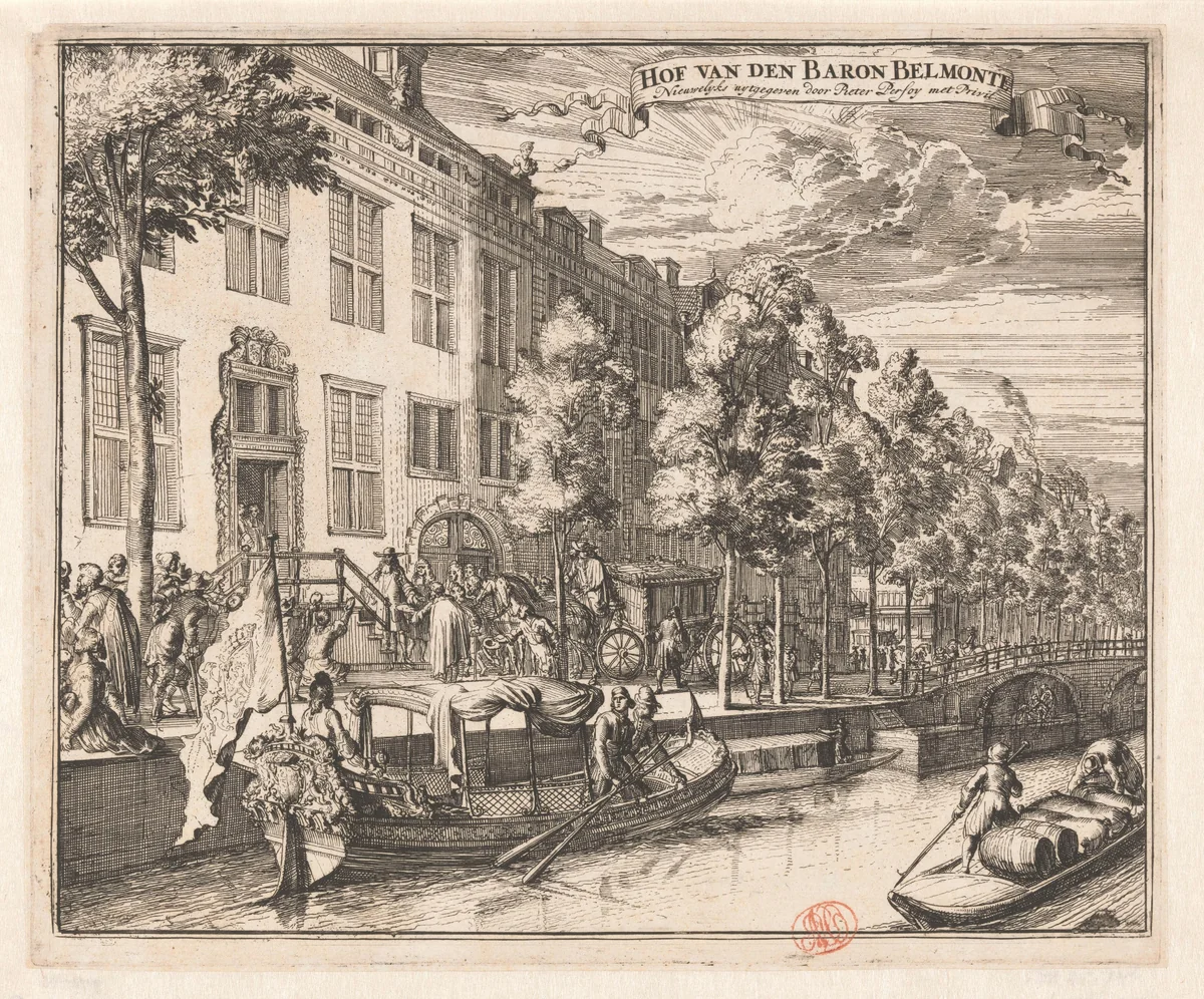 Huis van baron Manuel de Belmonte (Isaac Nunes) aan de Herengracht te Amsterdam by Romeyn de Hooghe, print, 1693-1695