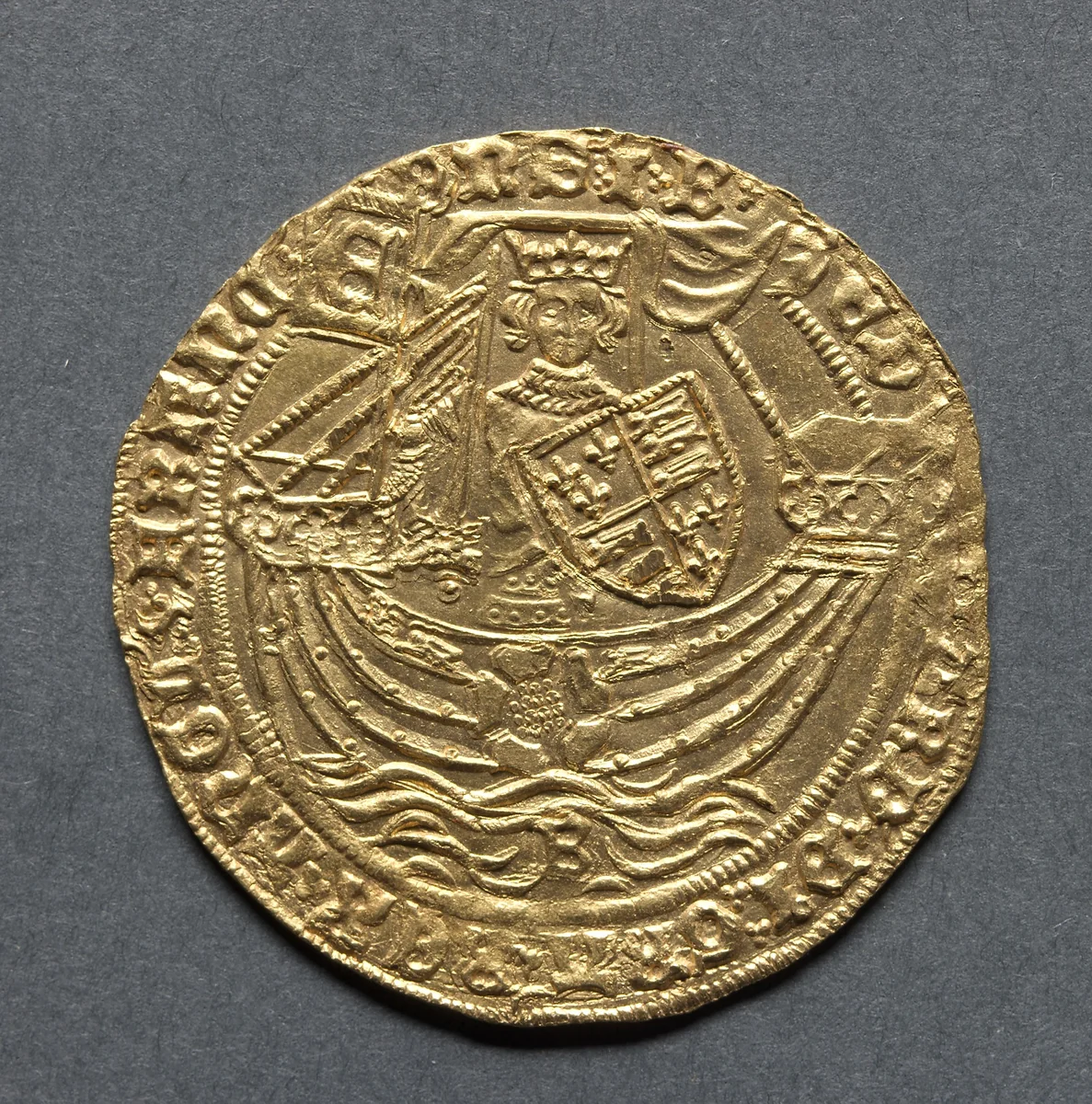 Ryal: Edward IV in Ship with a Shield of Arms and Rose (obverse) by Unknown, metalwork, 1464-1470