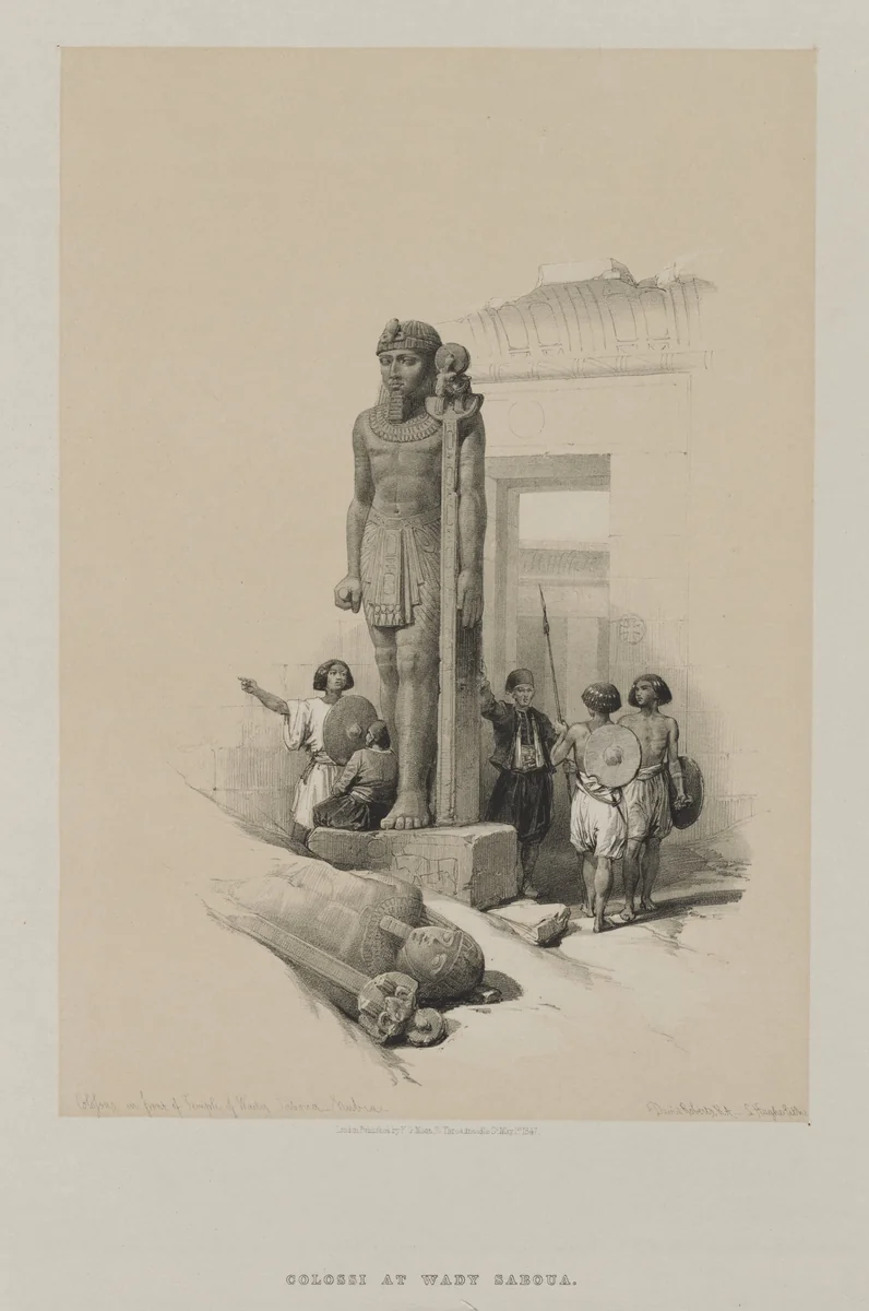 Egypt and Nubia, Volume II: Colossus in Front of the Temple at Wady Saboua, Nubia by Louis Haghe, print, 1847