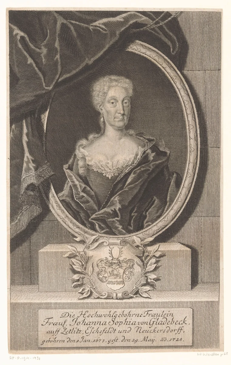 Portret van Johanna Sophia von Gladebeck by Martin Bernigeroth, print, 1723-1733