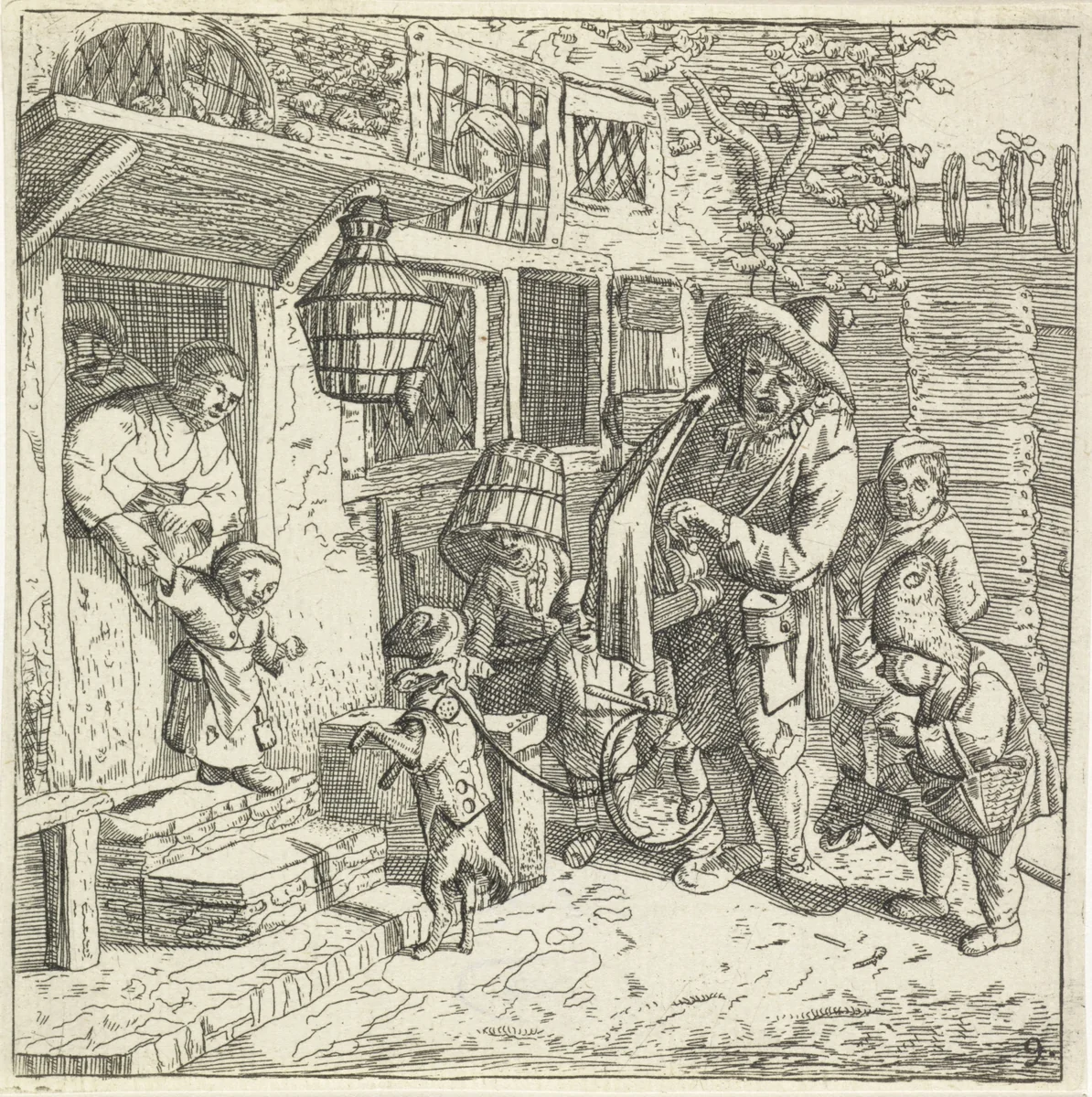 De lierspeler met het dansende hondje by Van der Welle, print, 1685-1735