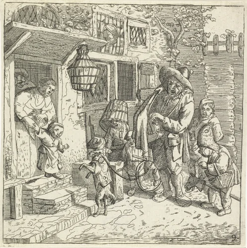 De lierspeler met het dansende hondje by Van der Welle, print, 1685-1735