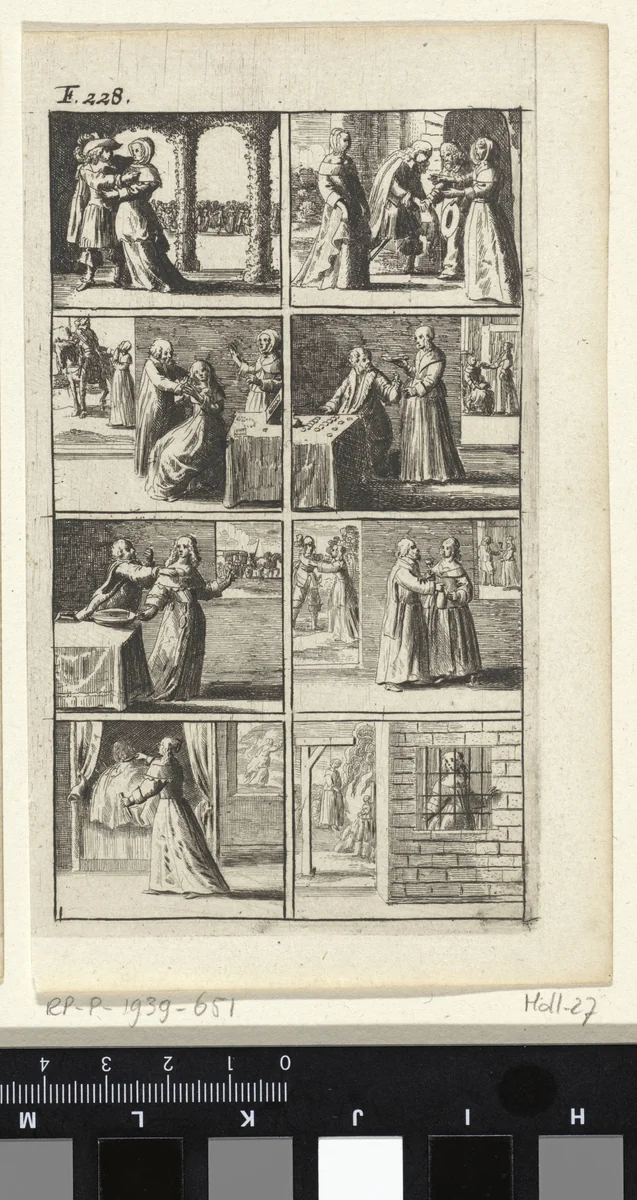 Verhaal met voorstellingen van moord en doodstraf (F. 228.) by Abraham Dircksz. Santvoort, print, 1667