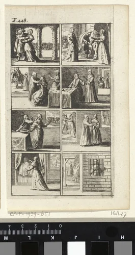 Verhaal met voorstellingen van moord en doodstraf (F. 228.) by Abraham Dircksz. Santvoort, print, 1667