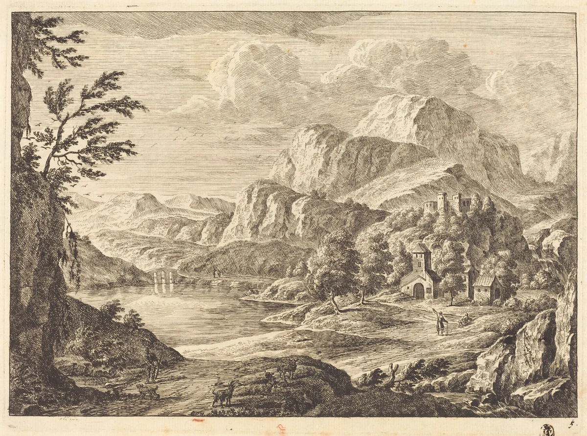 Mountainous Landscape with a Ruined Castle and an Arched Bridge in the Distance by Georg Eisenmann, print, 1719-1826