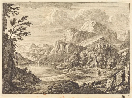 Mountainous Landscape with a Ruined Castle and an Arched Bridge in the Distance by Georg Eisenmann, print, 1719-1826