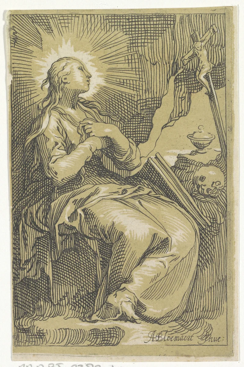 Boetvaardige Maria Magdalena in de grot voor crucifix by Boëtius Adamsz. Bolswert, print, 1610-1615