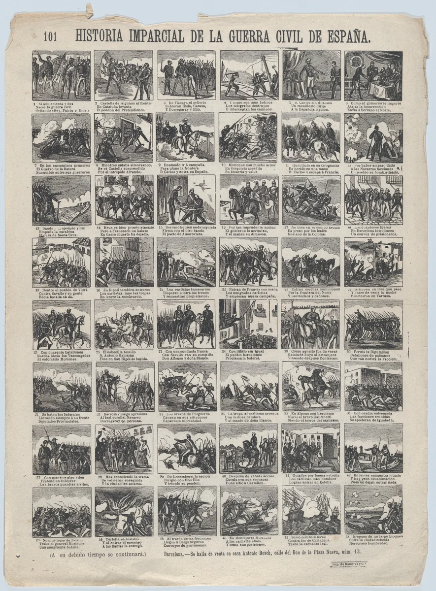 Broadside with 48 scenes telling the 'impartial' story of the civil war in Spain (Part 1) by Antonio Bosch, print, 1855-1865