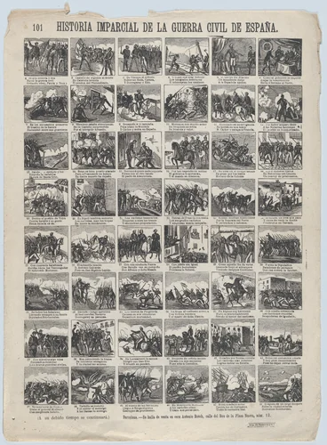 Broadside with 48 scenes telling the 'impartial' story of the civil war in Spain (Part 1) by Antonio Bosch, print, 1855-1865