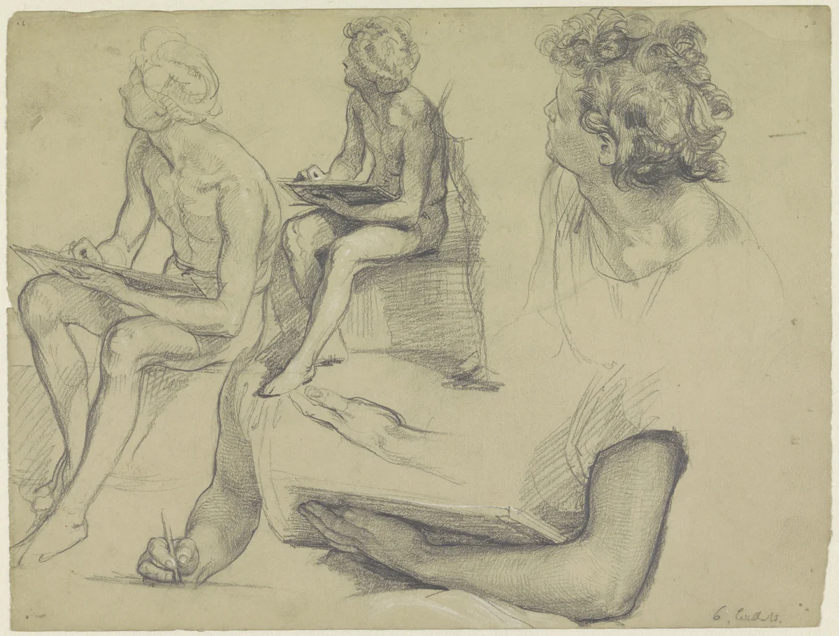 Studies van een zittende, tekenende jongen by Theodor Grosse, drawing, 1839-1891