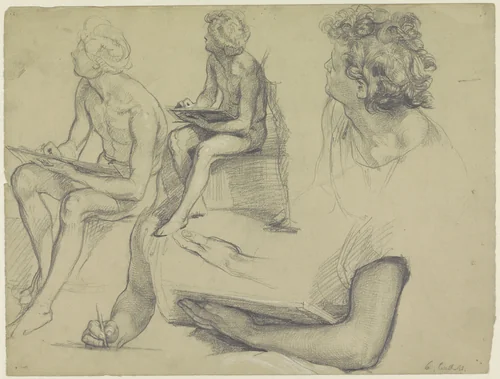 Studies van een zittende, tekenende jongen by Theodor Grosse, drawing, 1839-1891