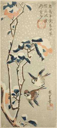 Sparrows and Camellia in Snow by Utagawa Hiroshige (歌川広重), print, 1826-1838