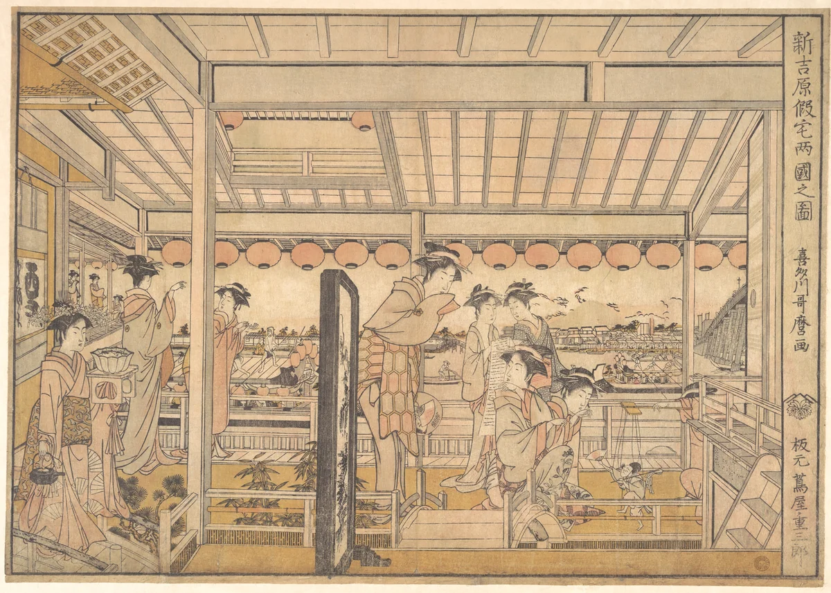 Picture of the Temporary Lodgings of the New Yoshiwara Pleasure Quarter at Ryōgoku (Shin Yoshiwara Karitaku Ryogoku no zu) by Kitagawa Utamaro (喜多川歌麿), print, 1784