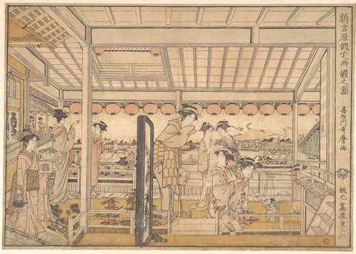 Picture of the Temporary Lodgings of the New Yoshiwara Pleasure Quarter at Ryōgoku (Shin Yoshiwara Karitaku Ryogoku no zu) by Kitagawa Utamaro (喜多川歌麿), print, 1784