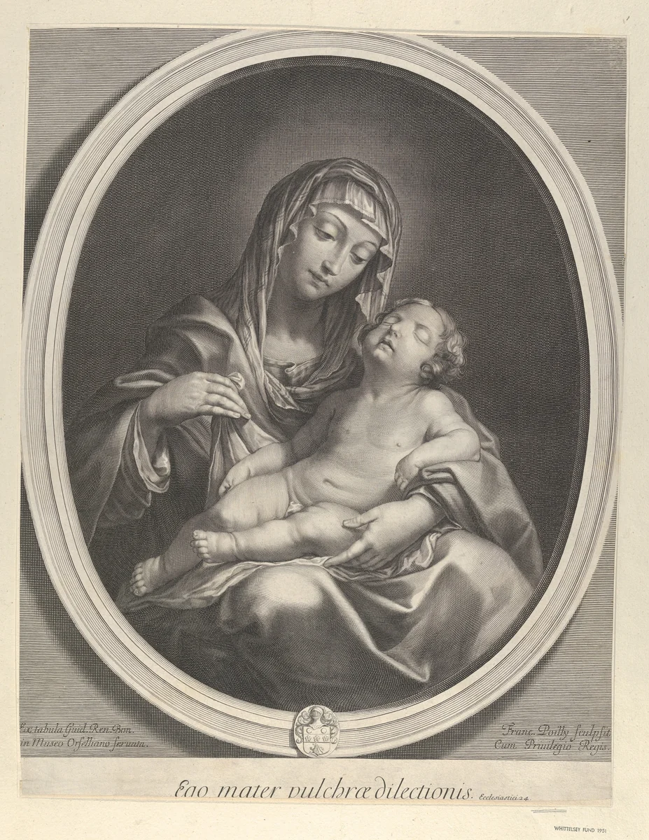 The Virgin seated with the infant Christ sleeping in her lap, in an oval frame, after Reni by Francois de Poilly, print, 1650-1675