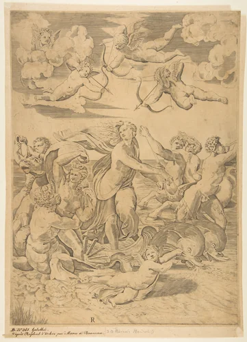 Galatea riding in a shell pulled through the water by dolphins, a cupid below and four more above, at left a triton embracing a nymph and behind them a man on horseback blowing a conch, at right a figure blowing a horn and behind him a nymph riding on a centaur by Marco Dente, print, 1510-1532
