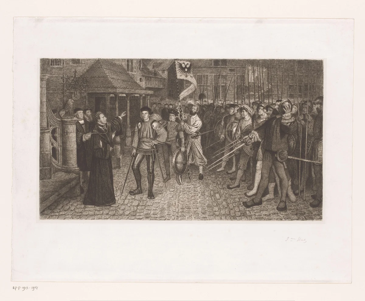 Burgemeester Lancelot van Ursel geeft schepen Cornelis van Spangen het bevel over de burgerwacht by Jean Baptiste Pierre Michiels, print, 1863-1890