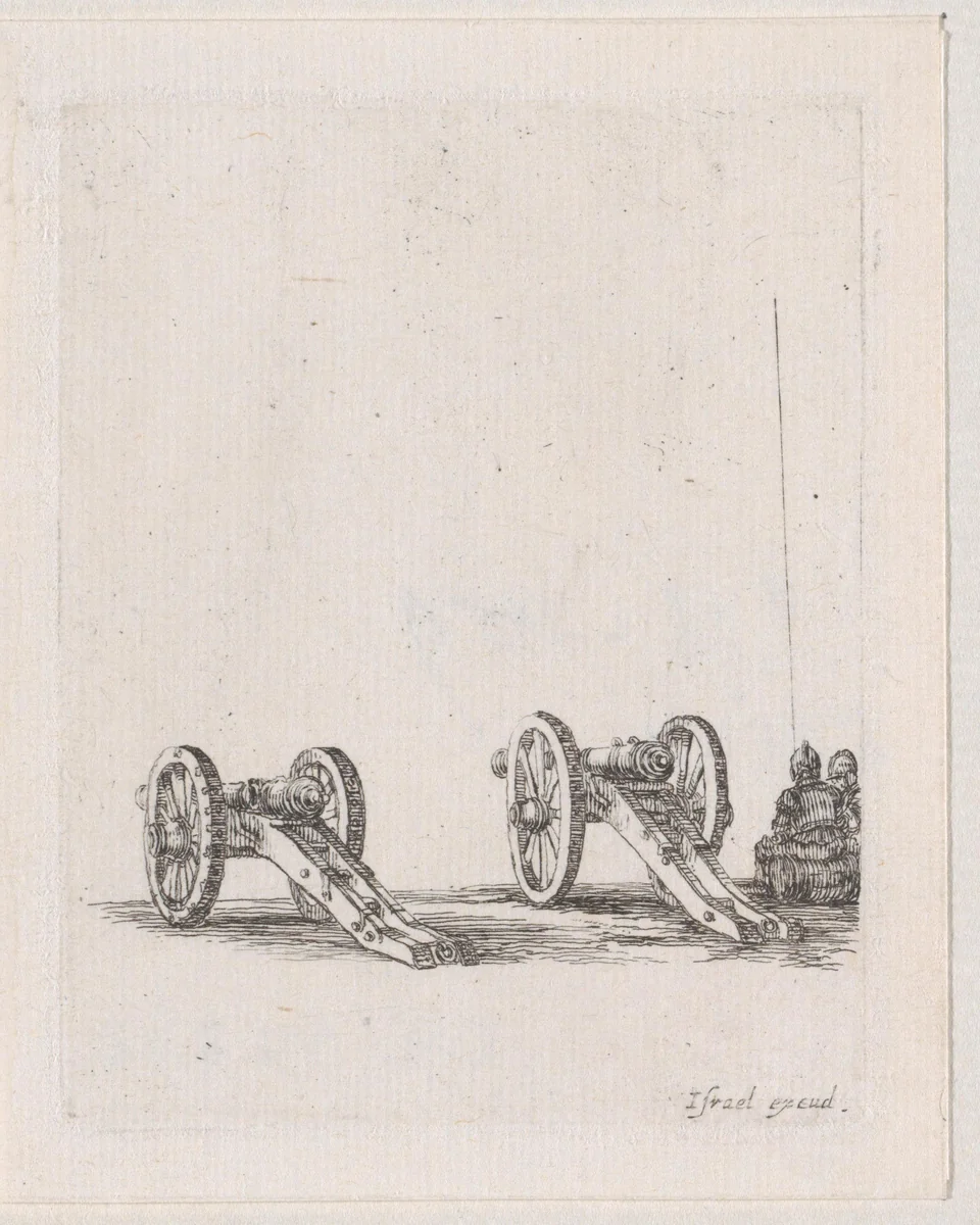 Twee soldaten bij twee kanonnen by Stefano della Bella, print, 1620-1664