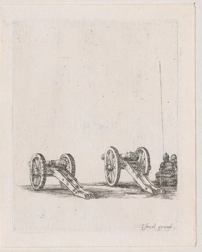 Twee soldaten bij twee kanonnen by Stefano della Bella, print, 1620-1664