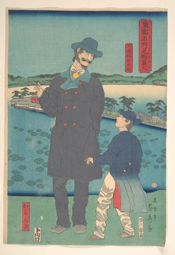 Dutchman and Child Viewing the Benten Shrine at Shinobazu Pond by Utagawa Sadahide, print, 1861