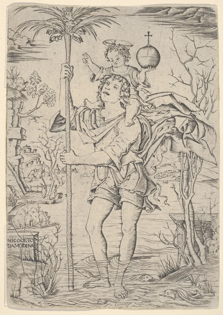 Saint Christopher with the Christ Child on his shoulder by Nicoletto da Modena, print, 1495-1505
