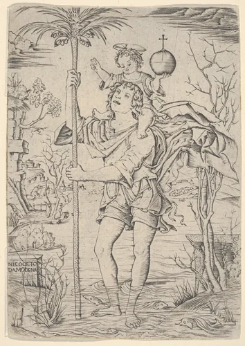 Saint Christopher with the Christ Child on his shoulder by Nicoletto da Modena, print, 1495-1505