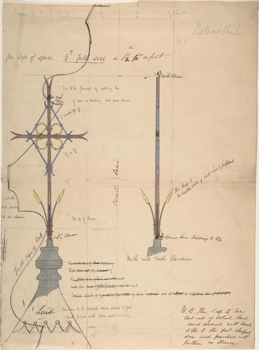 Design for a Cross Supported by Lead Roof Cap, for Belleaw Church by Richardson Ellson, drawing, 1875-1885