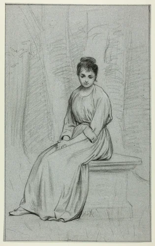 Woman Resting on Stone Bench by Henry Stacy Marks, drawing, 1849-1898