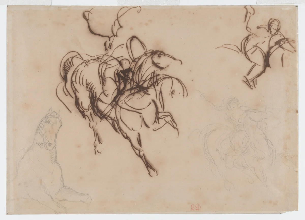 Studies of a Horse and Rider for "Heliodorus Driven from the Temple" by Eugène Delacroix, drawing, 1849-1850