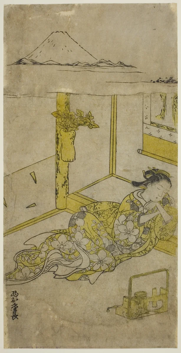 Sleeping Young Woman with Mt. Fuji Above by Nishimura Shigenaga, print, 1740-1749