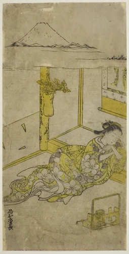Sleeping Young Woman with Mt. Fuji Above by Nishimura Shigenaga, print, 1740-1749