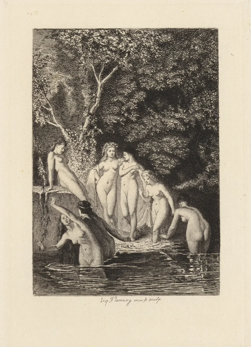 Le Bain, plate 6 from "The Decameron" by Léopold Flameng, print, 1868-1878