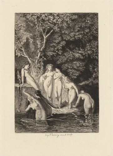 Le Bain, plate 6 from "The Decameron" by Léopold Flameng, print, 1868-1878