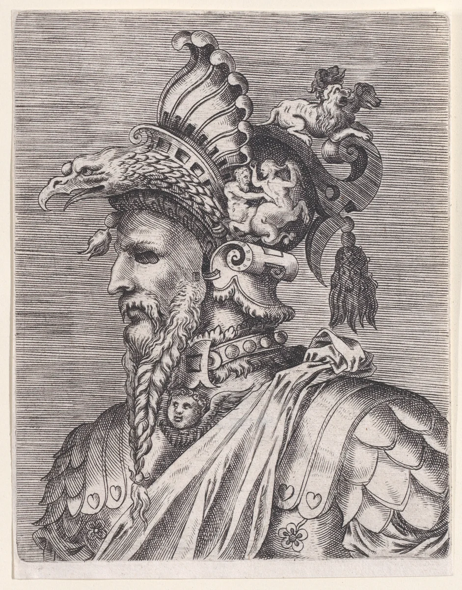 Bust of a Man Wearing a Fantastic Head-dress and Mask by René Boyvin, print, 1525-1600