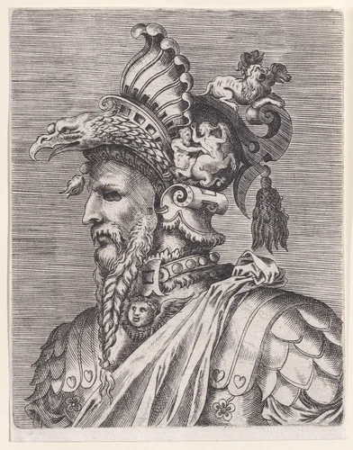 Bust of a Man Wearing a Fantastic Head-dress and Mask by René Boyvin, print, 1525-1600