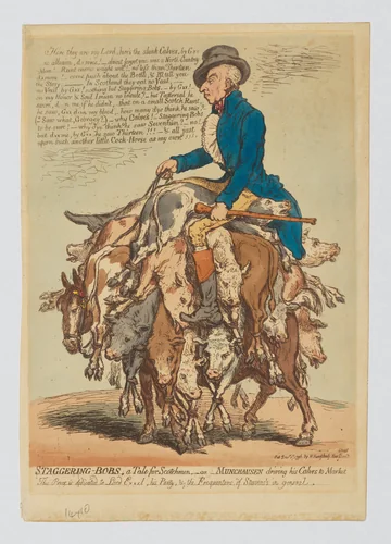 Staggering-Bobs, a Tale for Scotchmen, or Munchausen Driving his Calves to Market by James Gillray, print, 1796
