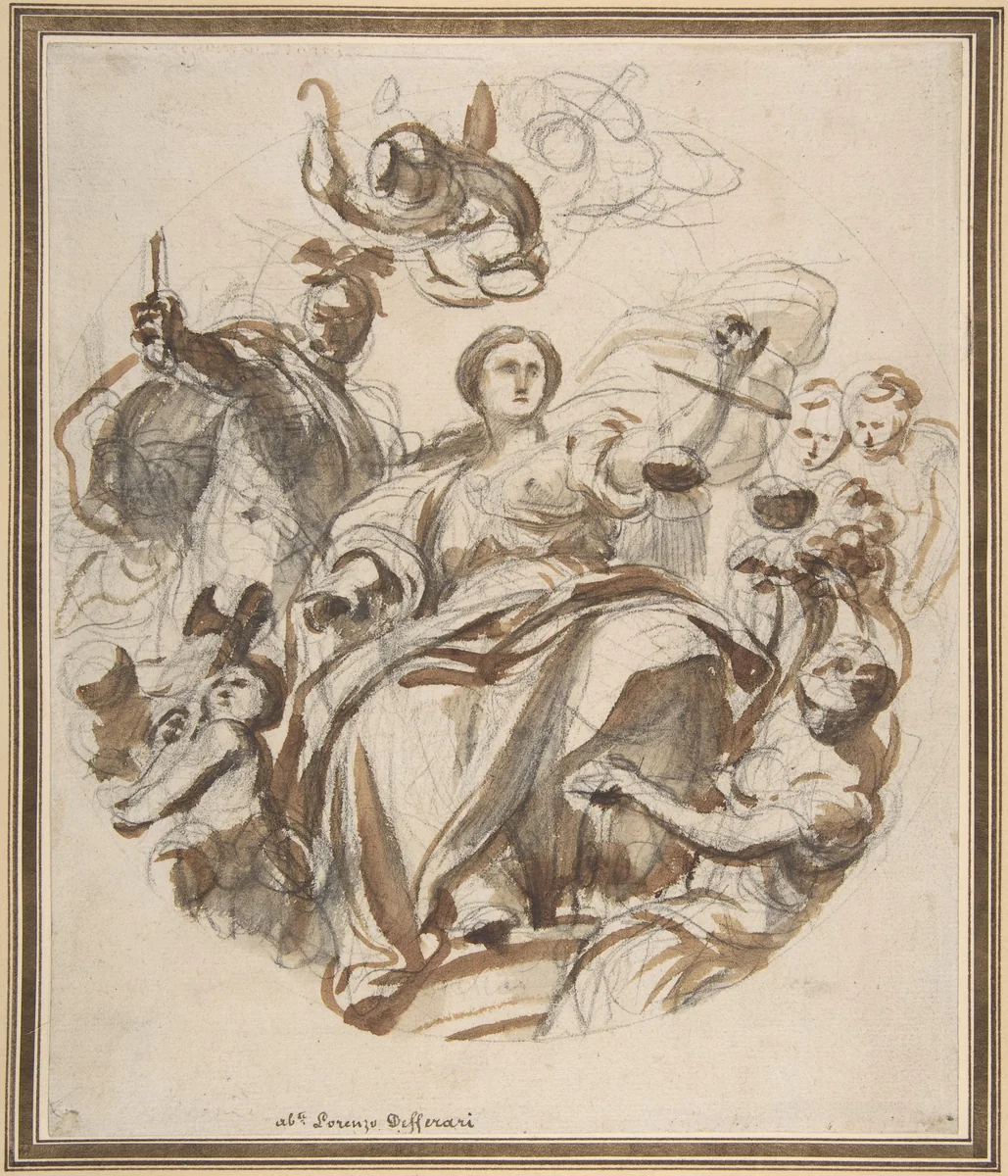 Study of Justice Dispensing Rewards to the Arts (recto); Study of a Lunette and Spandrel (verso) by Lorenzo de' Ferrari, drawing, 1680-1744