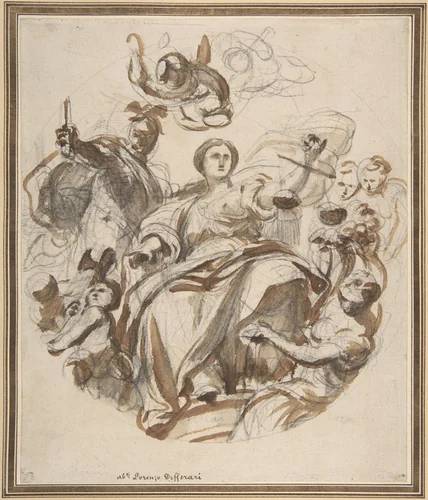 Study of Justice Dispensing Rewards to the Arts (recto); Study of a Lunette and Spandrel (verso) by Lorenzo de' Ferrari, drawing, 1680-1744