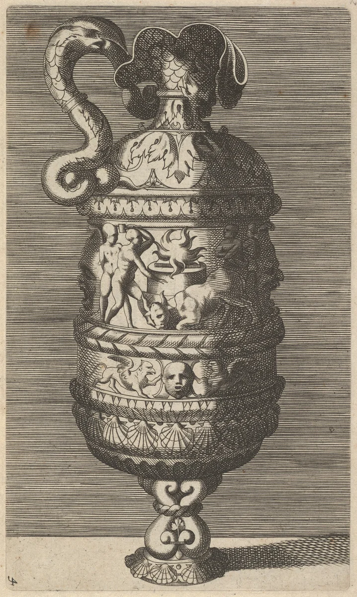 Vase with a Sacrificial Scene by René Boyvin, print, 1670-1700