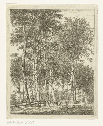 Rustende figuren bij hoge bomen by Hermanus van Brussel, print, 1800-1815