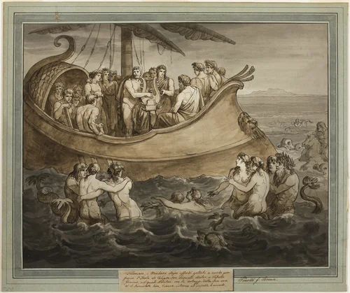 Telemachus and Mentor in a Galley after Fleeing the Island of Calypso, from The Adventures of Telemachus, Book 8 by Bartolomeo Pinelli, drawing, 1808