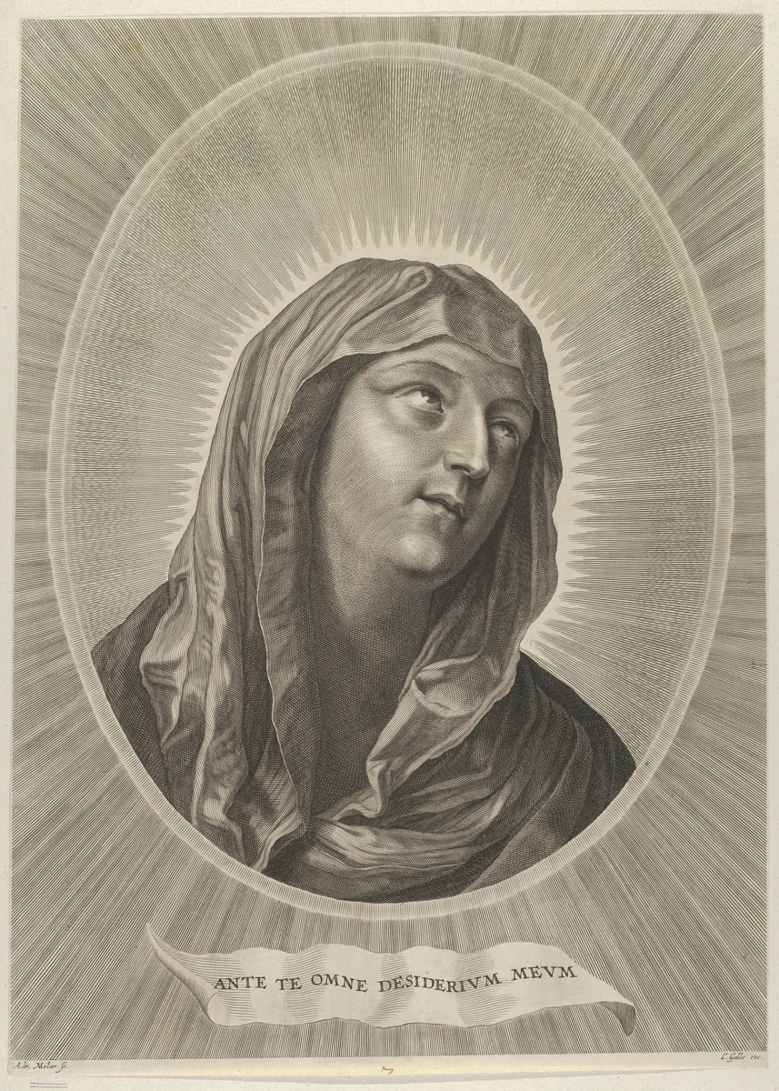 The head of the Virgin looking up to the right, in an oval frame, after Reni by Adrian van Melar, print, 1645-1672
