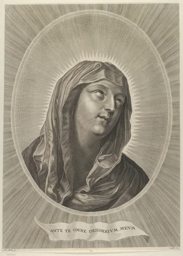 The head of the Virgin looking up to the right, in an oval frame, after Reni by Adrian van Melar, print, 1645-1672