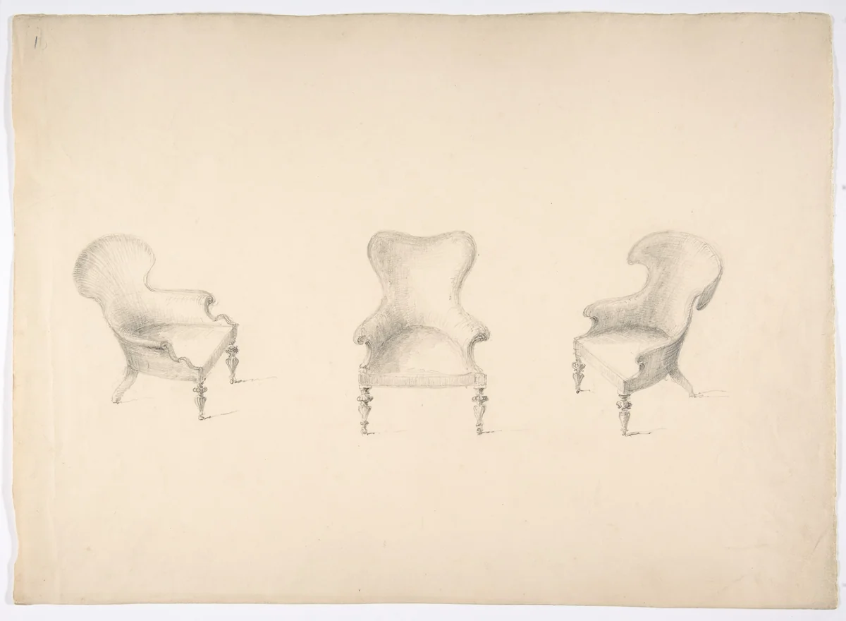 Design for Three Low Uphostered Arm Chairs by anonymous, drawing, 1800-1850