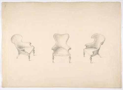 Design for Three Low Uphostered Arm Chairs by anonymous, drawing, 1800-1850