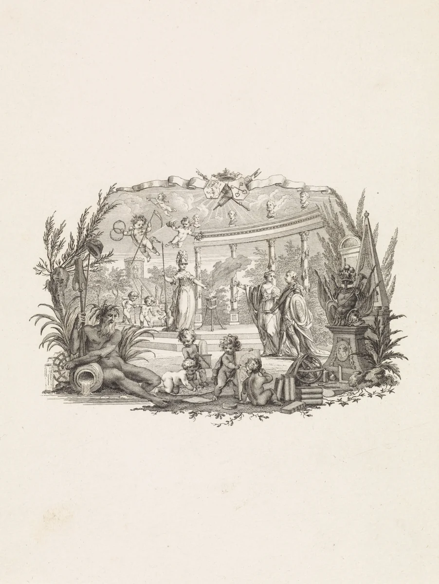 Zinneprent op Willem V als beschermheer van de Leidsche Academie by Reinier Vinkeles, print, 1775