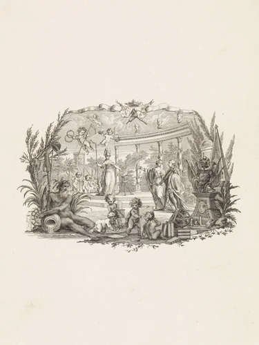 Zinneprent op Willem V als beschermheer van de Leidsche Academie by Reinier Vinkeles, print, 1775